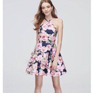 Xtraordinary floral print mikado short halter dress
